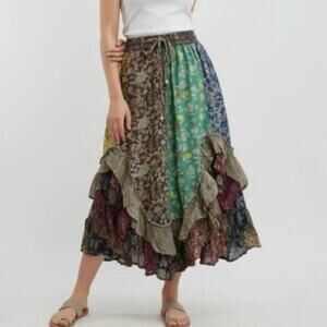 Young Threads Floral Patchwork Asymmetrical Midi Skirt L Ruffle Boho Chic